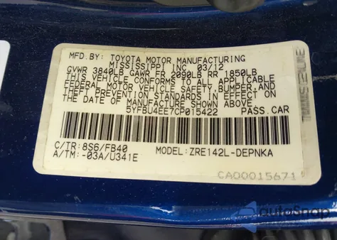 2012 Toyota Corolla Le from USA, damaged, VIN 5YFBU4EE7CP015422